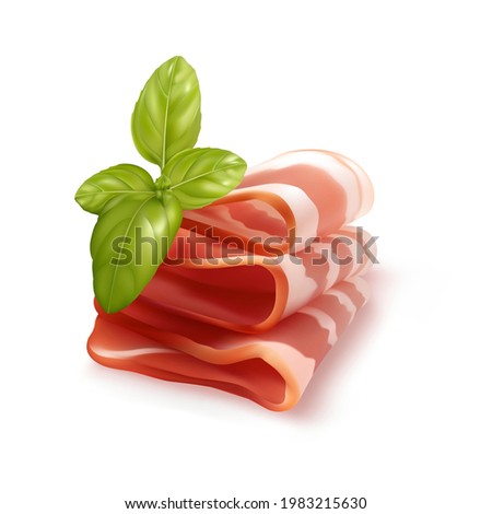 Raw smoked bacon, streaky brisket slices realistic vector illustration. Fresh thin sliced bacon on white background
