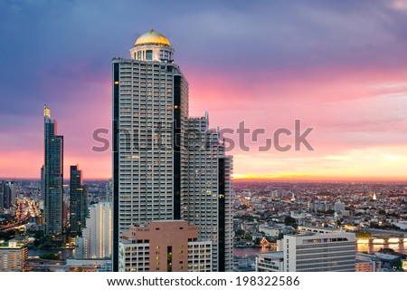 Skyscraper sunset aerial view