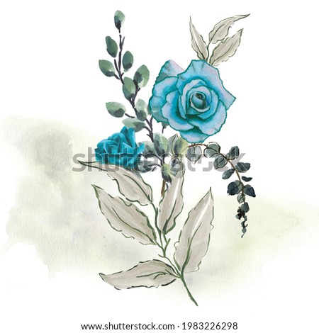 Watercolor Floral Illustration. Abstract Branch of Flowers Clip Art. Botanic Composition for Greeting Card or Invitation. Blue Rose.