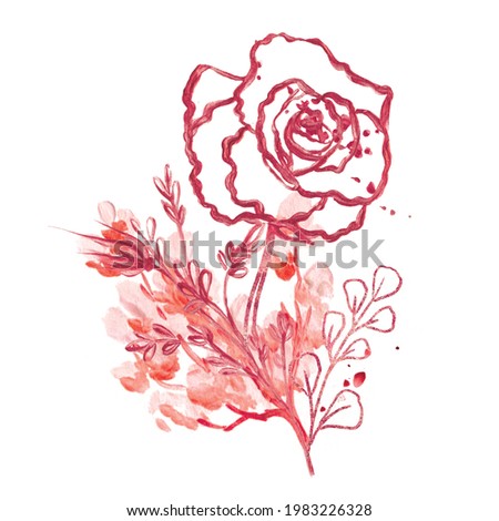 Watercolor Floral Illustration. Abstract Branch of Flowers Clip Art. Botanic Composition for Greeting Card or Invitation. Pink Rose.