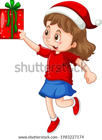 Cute girl wearing Christmas hat and holding a gift box on white background illustration