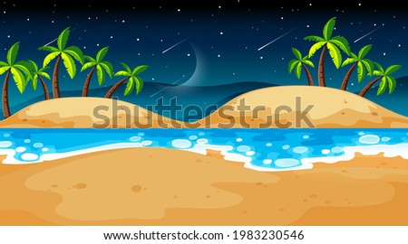 Tropical beach landscape scene at night illustration