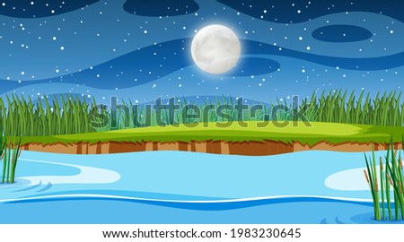 Nature forest landscape at night scene with long river flowing through the meadow illustration