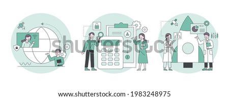 People analyzing data with calculators, meeting online in front of a globe, scientists doing rocket research. Outline flat design style minimal vector illustration set.