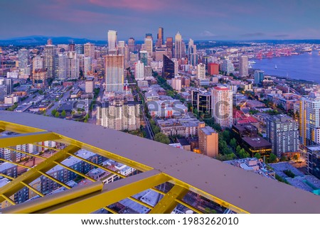 Downtown Seattle city skyline cityscape in United States of America at susnset
