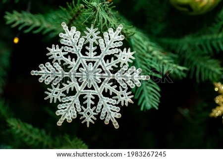 snowflakes decorated on pine tree for Christmas celebration.
