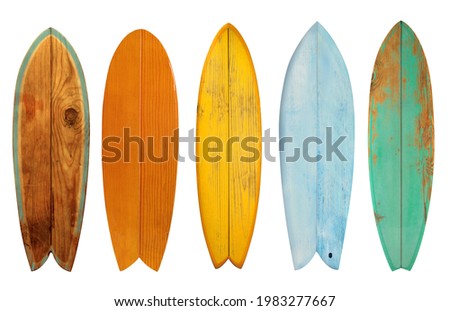 Collection of vintage wooden fishboard surfboard isolated on white with clipping path for object, retro styles. Royalty-Free Stock Photo #1983277667