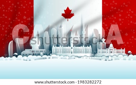 Illustration Anniversary celebration Canada day in maple leaf flag background with Travel landmarks architecture of Canada in Toronto and Ontario, in paper art, paper cut style. Vector illustration Royalty-Free Stock Photo #1983282272