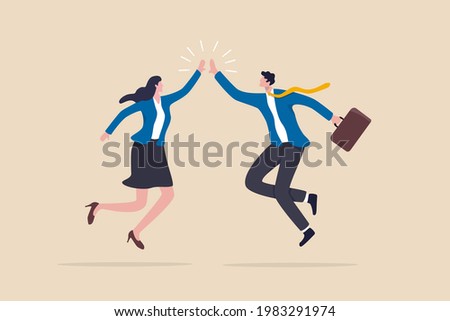 Team success winners, hi five or congratulation on business goal achievement, collaboration or encouragement concept, happy businessman and woman teamwork coworkers jumping and hi five clapping hands. Royalty-Free Stock Photo #1983291974