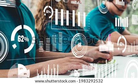 Creative visual of business people in working at computer desk . Concept of digital technology for marketing data analysis and investment decision making .
