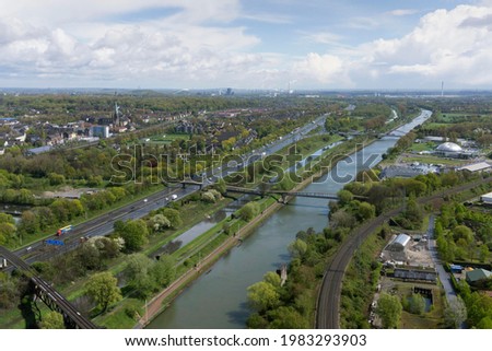View from the Gasometer on the Rhine-Herne Canal, the River Emscher and motorway A42, Oberhausen, Ruhr district, North Rhine-Westphalia, Germany Royalty-Free Stock Photo #1983293903