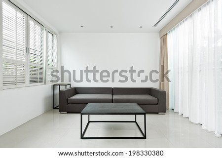 Bright Living room with grey sofa and minimalistic decoration