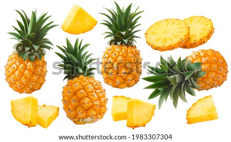 Mini pineapple set isolated on white background. Whole fruit, round and triangular slices. Package design element with clipping path Royalty-Free Stock Photo #1983307304