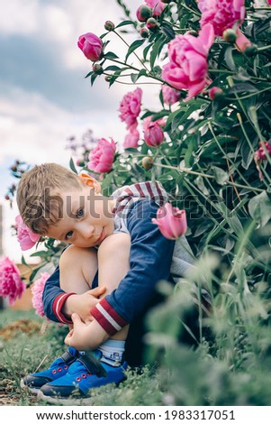 boy in flowers, child in peonies