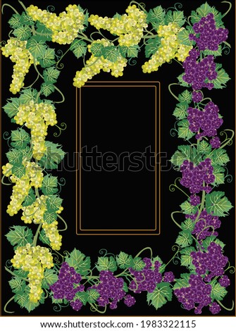 illustration with green and red grapes frame isolated on black background
