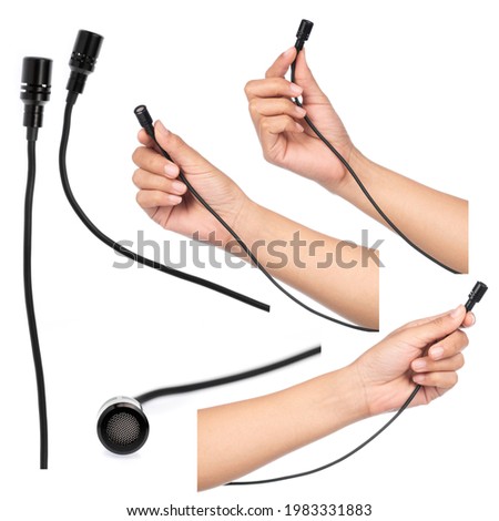 Set of hand holding tool Microphone lapel or lavalier isolated on white background.