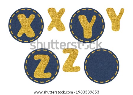 Bold glitter Latin alphabet on denim circles. Clip art set on white background. Letters X, Y, Z
