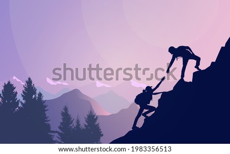 The guy, man extends a helping hand to the girl. Abstract landscape, Vector polygonal landscape illustration, Minimalist style, Flat design. Travel concept of discovering, exploring. Adventure tourism