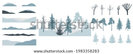 Design element of trees, set. Silhouette of bare tree, pine, spruce. Creation of beautiful winter landscape, woodland, park or forest. Vector illustration.