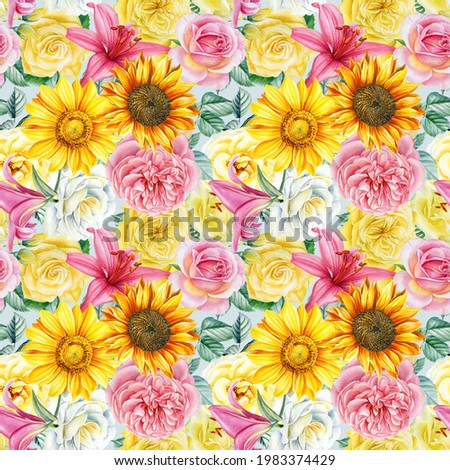 Seamless pattern. Hand-drawn sunflowers, lilies and roses flowers. Watercolor illustration