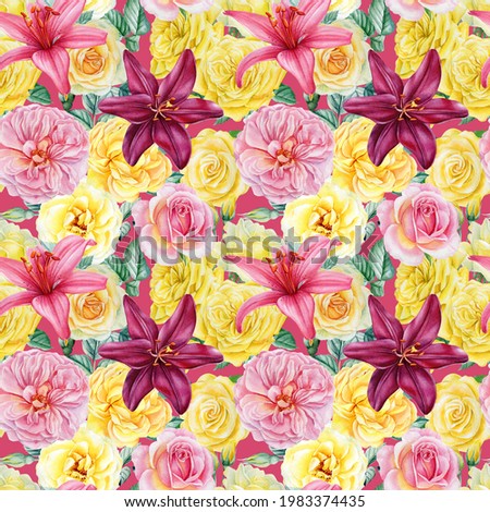 Lilies and roses flowers. Watercolor illustration Seamless pattern.