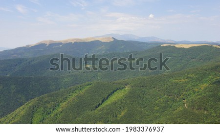 Panoramic view of Balkan mountains from monument of freedom viewpoint. National park-museum shipka-buzludzha. Shipka pass. Kazanlak (Kazanluk). Bulgaria.