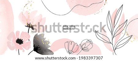 minimal Japanese background in pink flowers and tropical summer leaf with golden metallic texture gallery wall art vector 