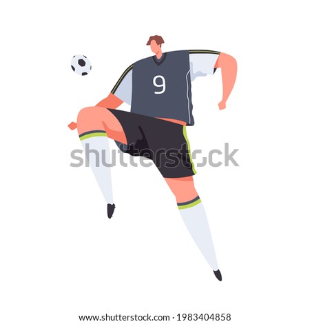 Football player hitting ball with knee. Man in uniform playing soccer. Professional footballer in motion during game or training. Flat vector illustration of athlete isolated on white background