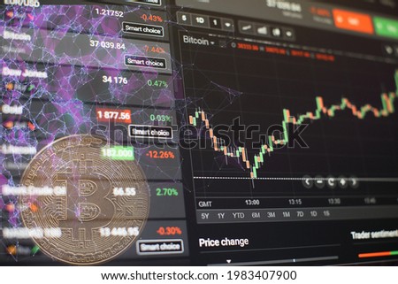 Blurry growing digital graph interface over dark blue background. Concept of stock market and financial success.