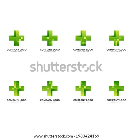 set health tech logo, cross and pixel, combination logo with 3d green color style