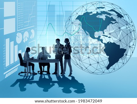 Collage of young business people having meeting and virtual screen on color background