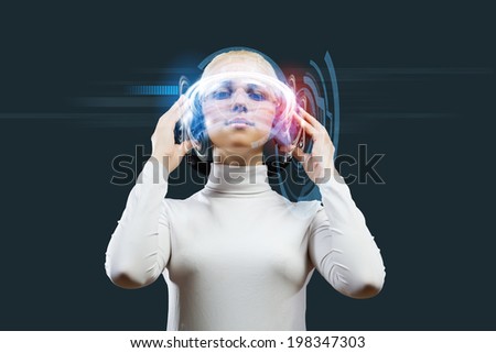 Young woman in white wearing headphones against media background