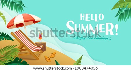 Hello summer holiday beach vacation theme horizontal banner. Royalty-Free Stock Photo #1983474056