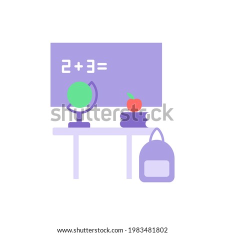 Primary school vector flat color icon. Preschool classroom with chalkboard and teachers desk. Education and studying. Cartoon style clip art for mobile app. Isolated RGB illustration