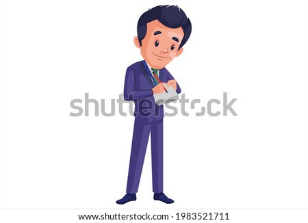 Journalist boy is holding pen and paper in hand. Vector graphic illustration. Individually on white background.