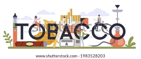 Tobacco typographic header. Cigar production industry sector of the economy. Smoking products manufacturing. Cigarette, smoking and hoocah tobacco. Vector flat illustration
