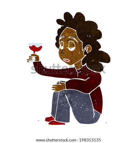 cartoon unhappy woman with glass of wine