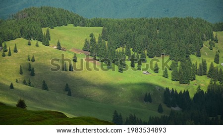 Sun lighting a hillside on which a wooden sheepfold was built. Spruce trees grow on the alpine pasture. Countryside eastern European landscape. Carpathia, Romania. Royalty-Free Stock Photo #1983534893