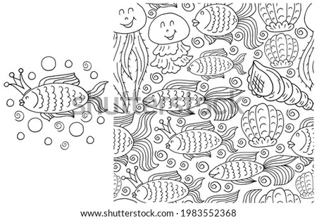 Contour Set of element and seamless pattern. ideal for children's clothing. Fish queen and background with marine elements