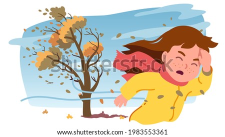 Autumn strong wind storm. Girl kid person fighting against wind bending tree with flying yellow foliage leaves. Child caught outdoor in stormy weather. Fall season windy day flat vector illustration Royalty-Free Stock Photo #1983553361