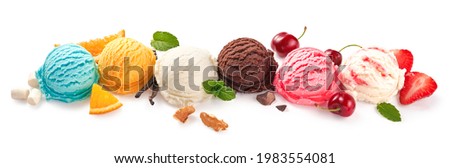 Assorted of ice cream scoops on white background. Colorful set of ice cream scoops of different flavours. Ice cream isolated with nuts, fruits and berries.