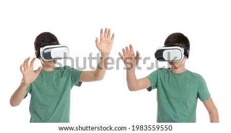 Teenage boy using virtual reality headset on white background, collage. Banner design