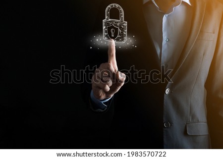 Cyber security network. Padlock icon and internet technology networking. Businessman protecting data personal information on tablet and virtual interface. Data protection privacy concept. GDPR. EU.