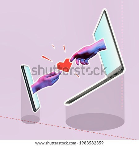 Concept of human relations in the digital age. Abstract collage with laptop, smartphone and human hands. Royalty-Free Stock Photo #1983582359