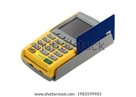 
credit card in front of the terminal on white background. A white credit card without image. Payment by a credit card in the terminal