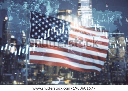 Multi exposure of virtual creative financial graph and world map on USA flag and blurry cityscape background, forex and investment concept