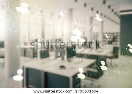 Double exposure of abstract virtual social network icons on modern corporate office background. Marketing and promotion concept