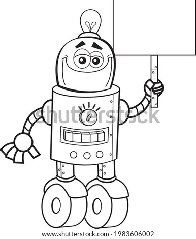 Black and white illustration of a happy robot with wheels for feet holding a sign.