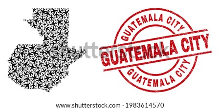 Guatemala City grunge seal stamp, and Guatemala map collage of jet vehicle items. Collage Guatemala map created of aeroplanes. Red seal with Guatemala City caption, and unclean rubber texture.