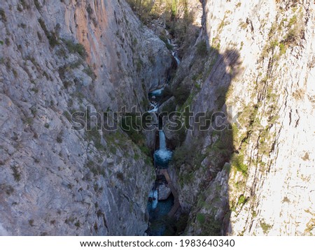 A great Deep Canyon in Mountains. Aerial Drone Shot Bird Eye View on Sapadere Canyonu, Turkey, Pamphylia, Alanya